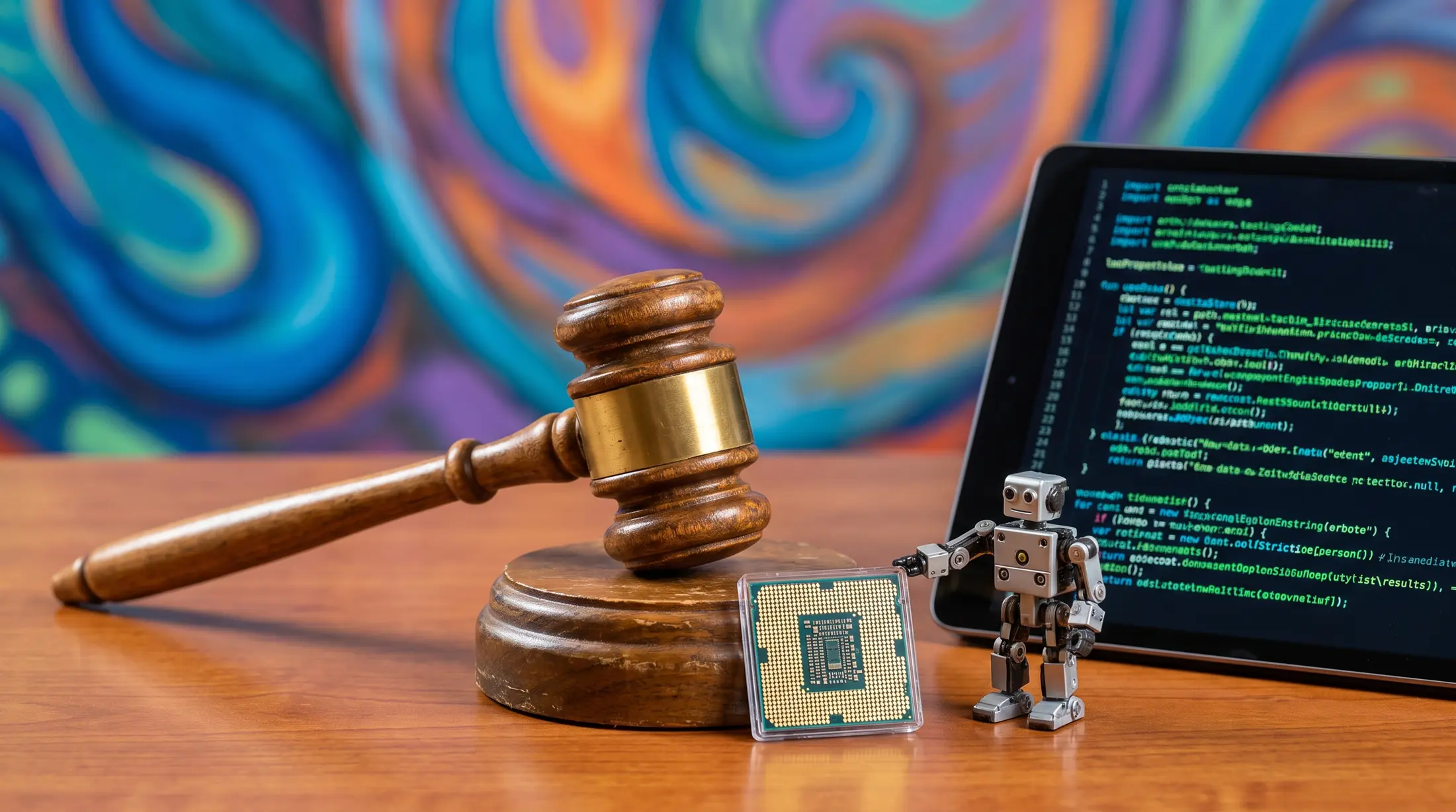 eu ai act, a hammer near a robot and a chip symbolizing the ai